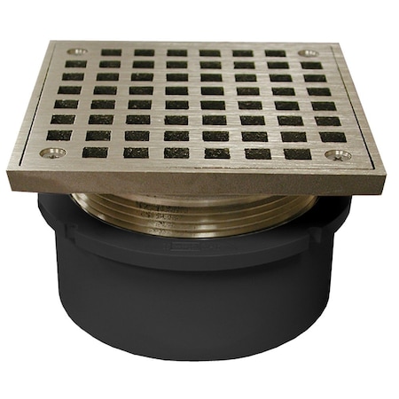 Jones Stephens 4in. PVC Hub Fit Drain Base with 3-1/2in. Metal Spud and 5in. Nickel Bronze Strainer D53068